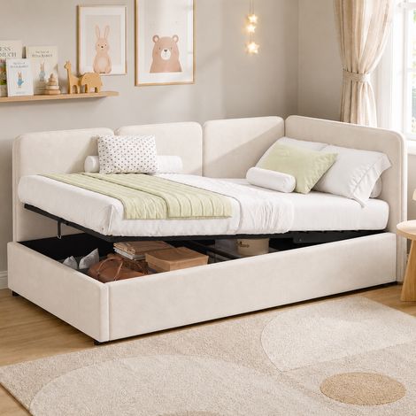 Banquette-lit 90x200 cm avec rangement hydraulique, lit rembourré, banquette-lit réversible gauche/droite, velours, beige (1/4)