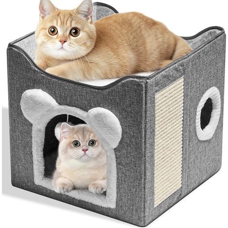Lit Niche Chat Intérieur avec 2 Coussins Lavables, Boule Suspendue, Planche Gratter, Grotte Maison Chats Pliables, Couchage Mobilier Cabane Panier Lits Chat pour Chats, Petits Chiens, Lapins (Gris) (1/5)