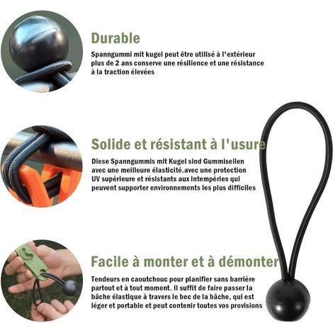 Packung mit 50 flexiblen 300-mm-Spannkugeln, robuste Spannkugeln für Banner, Planen, Campingausrüstung, Zelte (schwarz) (1/4)
