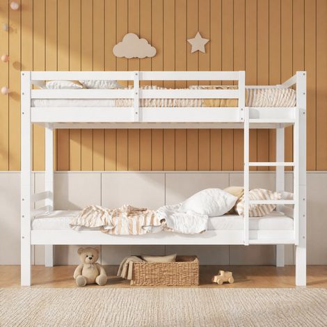 Lit superposé enfant 90 x 200 cm en pin blanc convertible en 2 lits simples avec échelle sécurisée (1/5)