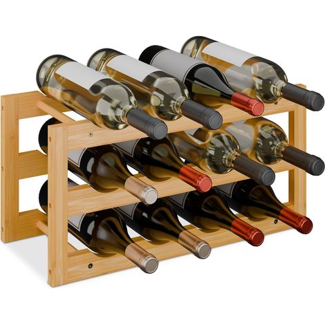 Relaxdays Wine Rack, for 12 Bottles, Horizontal Storage, Holder for Home Bar, HxWxD: 28 x 56 x 24 cm, Bamboo, Natural (1/5)