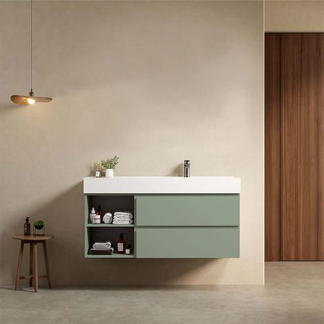 Mobile bagno sospeso 120 cm Verde Salvia Lavabo a Destra in Resina Senza Specchio - Fiji Paint Plus (1/4)