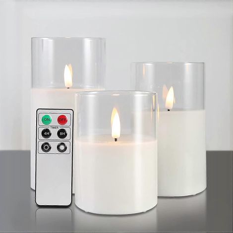 Eywamage Flammenlose LED-Glas-Säulenkerzen mit Fernbedienung, batteriebetrieben, Echtwachsdocht, 3er-Set, Durchmesser 3 cm, Höhe 4,5 cm, Grau (1/5)