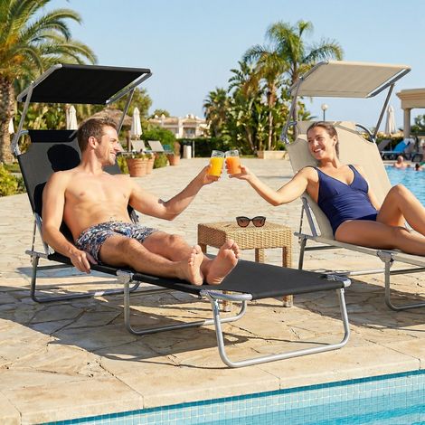 Transat de plage pliable chaise longue inclinable multi-positions grand confort dossier réglable et pare-soleil ajustable Dim. 187 x 58 x 36 cm Noir (1/5)