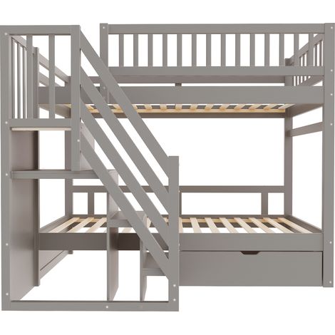 Litera 90x200 cm de madera gris con escalera de almacenaje, barreras y cajones (1/5)