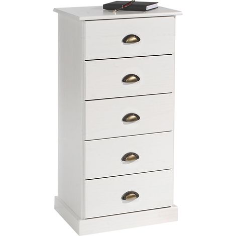 Idimex – Chiffonnier blanc 5 tiroirs en pin massif – Dimensions 95 x 48 x 39 cm – Poignées coquille en métal bronze – Style traditionnel