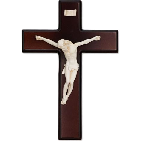 Crocefisso parete Classico Legno Croce effetto LEGNO opaca con corpo scultoreo AVORIO con scatola 18x28 cm (1/4)
