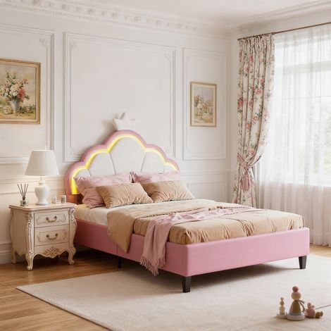 Kinderbett Polsterbett 140x200cm mit LED, Bettgestell Mädchen mit verstellbarem kopfteil in kronenform, Prinzessinnenbett mit hölzernem lattenrost, Samt, Rosa