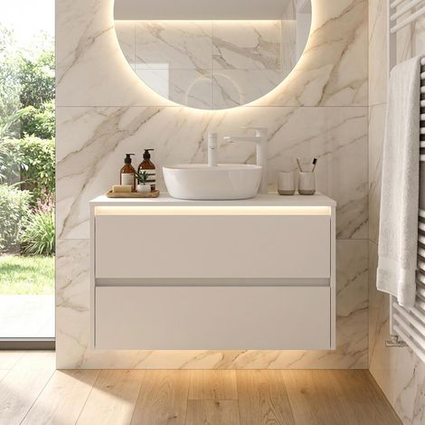 Mobile Bagno Sospeso 100 cm con 2 Cassetti e lavabo appoggio Bianco Satinato – Linea