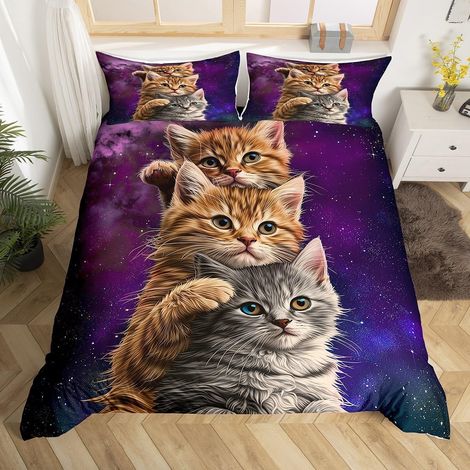 Housse de Couette Enfant 220x240 Chat Mignon, Parure de Lit Galaxie Violet, Sets de Housses de Couettes Chaton Kawaii, Couvre Lit À Étoiles Pailletées, Décoration de Chambre Ciel Étoilé - 220x240cm + (1/5)
