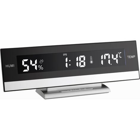 Quarz Wanduhr TFA Dostmann 60.2011 – große LED-Ziffern – Crescendo-Alarm – Temperatur- und Luftfeuchtigkeitsanzeige