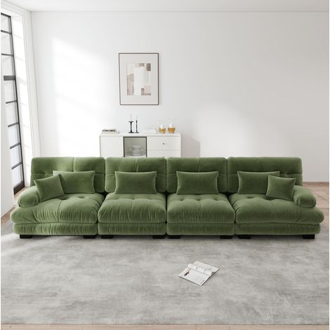 Divano angolare modulare 406x77x81 cm verde in ciniglia con seduta profonda e cuscini imbottiti (1/5)