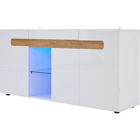 Buffet 3 portes LED pilotée par application 140x40x70 cm blanc brillant, étagère en verre (1/5)