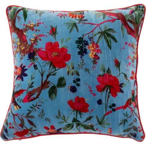 Coussin Déco en Velours "Oiseaux Fleurs" 45x45cm Bleu (1/3)