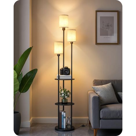 Lampadaire avec Étagère, Style Vintage, Rétro Noir et Beige avec 3 Abat-jour en Tissu Lin et 1 Interrupteur à Pied, pour Salon, Chambre, Bureau (1/5)