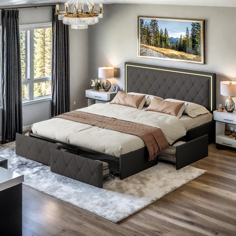 Lit coffre 160x200 cm avec tiroirs, lit 2 Personnes moderne avec 4 tiroirs, cadre de lit avec sommier à lattes, lit adulte LED, gris (1/5)
