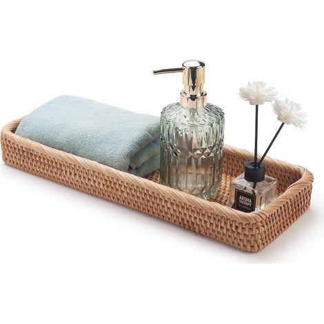 Rattan-Badezimmertabletts, rechteckige Toiletten-Aufbewahrungskörbe (Natur, 41,5 x 15,5 x 5 cm)
