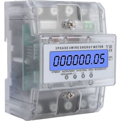 Electricity Meter 3 Phase 4 Wires LCD Backlight Digital Display DIN Rail Voltmeter Ammeter for Office School Transparent