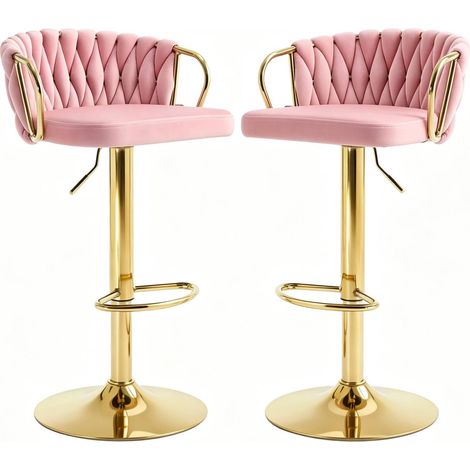 Set 2 sgabelli da bar girevoli in velluto rosa con schienale e braccioli in metallo (1/5)