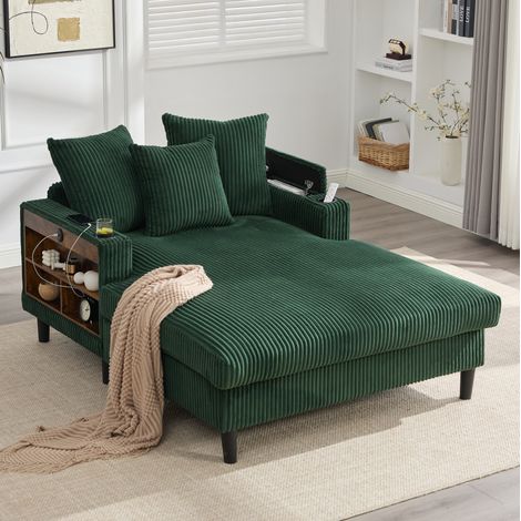 Chaise longue 1 posto con contenitore, doppi portabicchieri, LED e USB, verde HAVRYA (1/5)