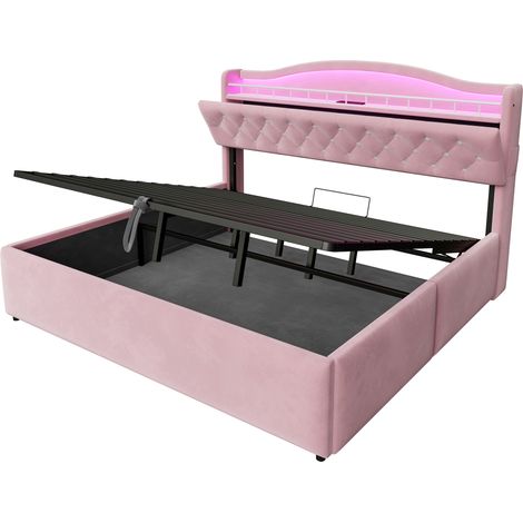 Cama tapizada 180 x 200 cm con almacenaje hidráulico, LED, USB y USB-C, rosa (1/5)