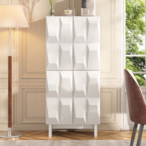 Buffet haut 60 - 5x34x135 - 5cm - meuble de rangement - 4 portes relief 3D - étagères réglables - compact - salon - blanc (1/5)