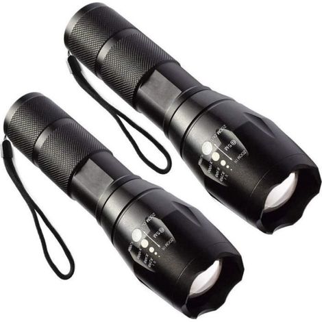 Lampe Torche LED - Compatible Recharge USB - IPX4 - Portée 100 M - Alimentation 3×AAA Ou 18650 - Corps ABS Noir - 2 Pièces