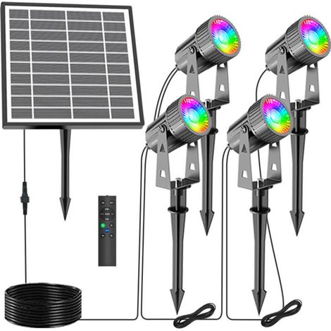 Projecteur LED d'extérieur, éclairage solaire de jardin 3 W, couleur RVB, 1 440 lm, avec terre, étanchéité IP65, avec télécommande (lot de 4) (1/5)