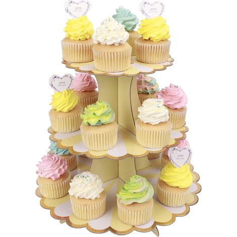 (Jaune 32 cm x 30 cm) Présentoir à cupcakes à 3 étages en carton (1/5)