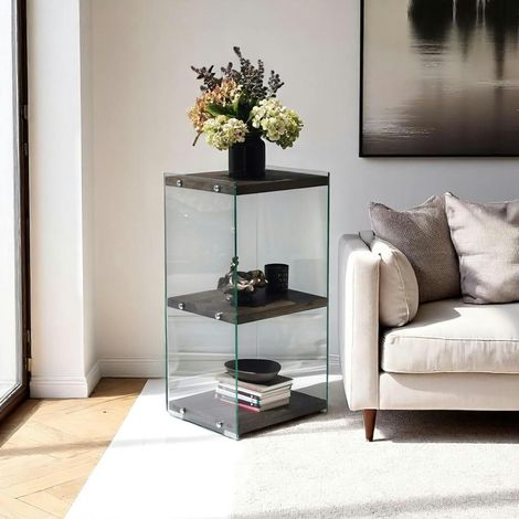 Colonne vitrine design - bois gris foncé, 3 plateaux LHASA (1/4)