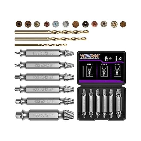 9 Pièces kit Extracteur de Vis Cassée Avec 3 Forets, Dureté 63-65HRC, Fabriqué en HSS 6542, Extracteur de Vis Dénudé, Extracteur de Petite Vis Pour Percer et Enlever des Vis Endommagées (1/5)
