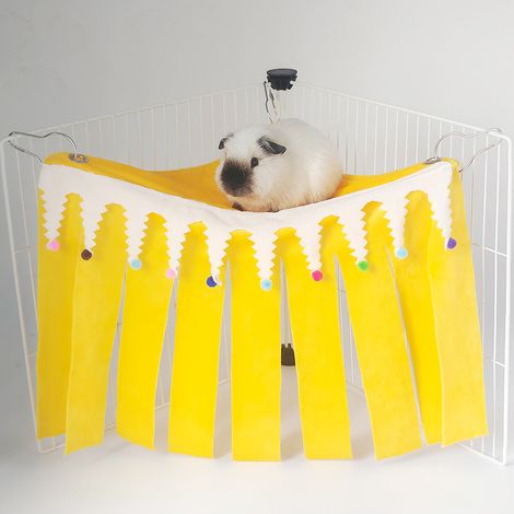 Maison refuge pour petits animaux (hamsters, lapins et cobayes) : abri triangle à pompons, motif forêt, nid sans fond avec franges, 303040, jaune (1/5)