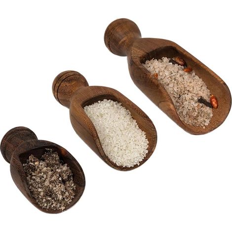 Set de 3 Pelles à Sel en Teck Naturel - 10/13/17cm - Finition Artisanale - Ustensiles de Cuisine Authentiques - Bois Recyclé - Style Ethnique