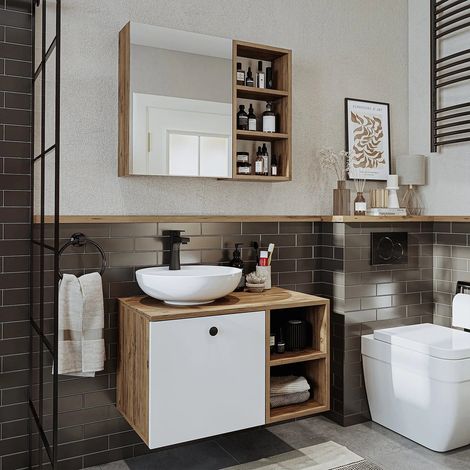 Lotus Bathroom Set of 2, Vanity Unit with Over Counter Wash Basin / Bowl and Mirror Cabinet, 75 cm, Oak Effect and White (1/5)