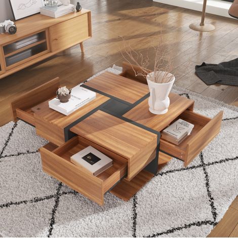 Tavolino da caffè in truciolare naturale 78 cm quadrato con 4 cassetti e ripiano inferiore (1/5)