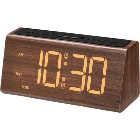 Wecker aus Holz – Digitaler Wecker mit zwei Alarmen, Schlummerfunktion, 4 Helligkeits- und Lautstärkestufen, USB-Ladeanschluss, DST-Taste, Anzeige von Uhrzeit und Wochentag