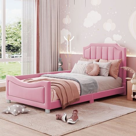 Lit enfant rose 90x200 avec dossier et accoudoirs, Canapé-lit capitonné en flanelle, Lit banquette multifonction pour chambre fille (1/5)