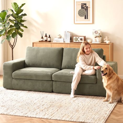 Canapé 3 Places Velours Côtelé, Salon Compressé Moderne 236 cm, Coussin Ressorts, Vert (1/5)