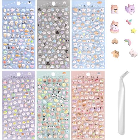 Set di 6 adesivi 3D in gel a forma di animali, simpatici adesivi e pinzette, set di mini adesivi 3D gonfiabili kawaii impermeabili a forma di animali, per custodie di telefoni, quaderni, diari (1/5)
