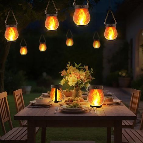 Set mit 2 Solarlaternen für den Außenbereich – 12 x 13 cm – Solarlaterne mit tanzender Flamme – Laternen aus Hanfseil – Ideal für Camping, Terrassen, Gärten, Patios und Veranden (1/5)