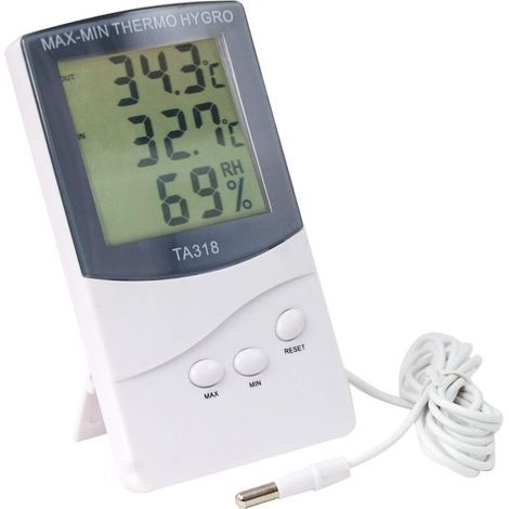 Termómetro digital con dos sensores para uso interior y exterior, ideal para el invierno. Muestra la temperatura, el clima, la alarma e incluye un gancho para colgar.
