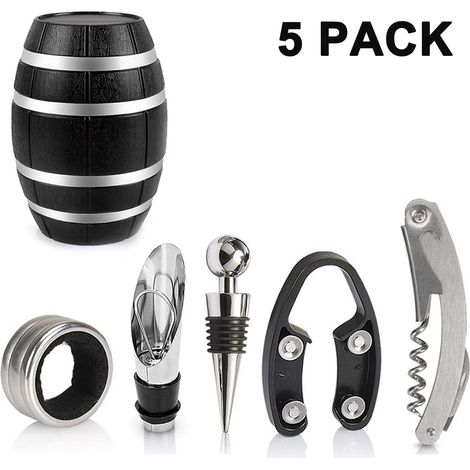 Set Accessoires Vin - 5 Pièces - Tire-Bouchon En Acier Inoxydable - Entonnoir-Verseur Et Bouchon À Vin - Boîtier Barrique En ABS - 13,5 X 10 X 10 Cm (1/5)