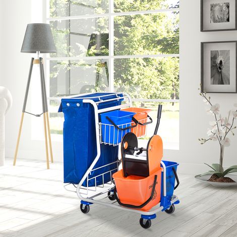 Carro de limpieza profesional con bolsa de basura, 2 cubos para fregona de 18 L, 2 cubos de almacenamiento de 6 L, escurridor de fregona, gancho y ruedas para hoteles y posadas, 93 x 80 x 97 cm, naran (1/5)