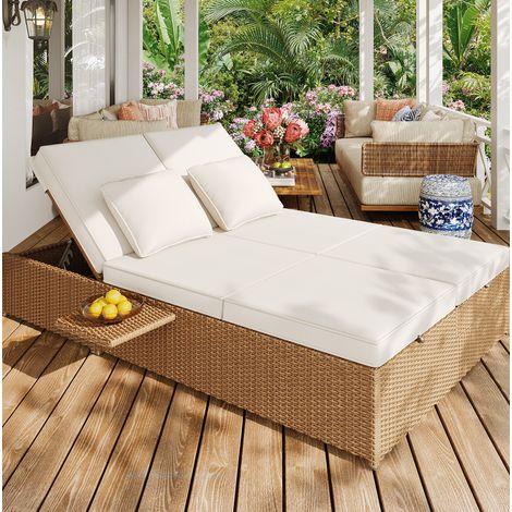 Sillon jardin reclinable doble con cojines blanco OKMYHOME (1/5)