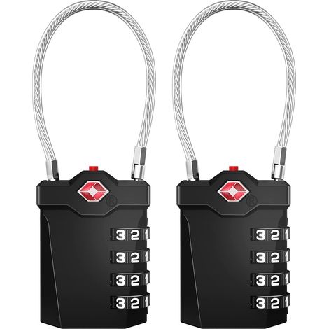 Cadenas à combinaison à 4 chiffres avec alarme d'ouverture, avec câble de musculation (2 pièces, noir)