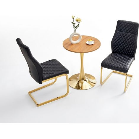 Ensemble table ronde et 4 chaises, table ronde effet bois de 100 cm, plateau en MDF et verre, sièges noirs en PU pour salle à manger (1/5)