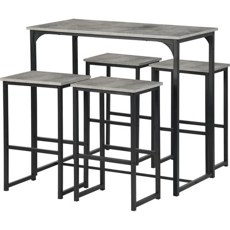 Bartisch Set mit 4 Hockern, Industriestil, Küche, Esszimmer, Grau (1/5)