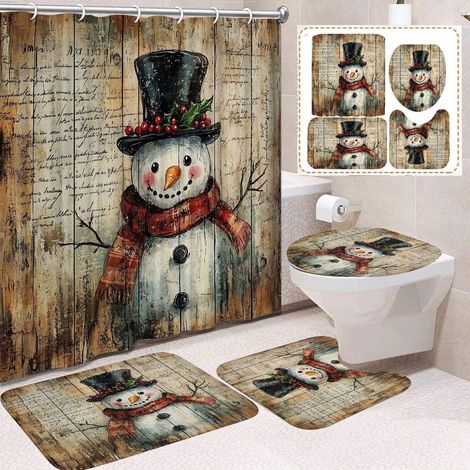 Rideau De Douche De Noël - Ensemble De 4 Pièces Avec Tapis De Salle De Bain Et Couvre-Cuvette - Motif Père Noël Arbre De Noël Bonhomme De Neige - 180 X 180 Cm (1/5)