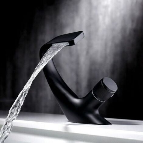 Einloch-Wasserfall-Waschtischarmatur aus Messing für Badezimmer, luxuriöses Design, schwarz (18x13 cm) (1/4)
