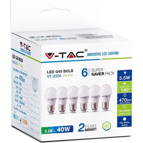 6 PZ Lampada A Led E27 G45 5,5W Freddo 6400K Forma Sfera Bulbo Palla 180 Gradi 220V SKU-2732 (1/3)
